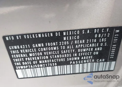 2013 Volkswagen Jetta 2.5L Se z USA, uszkodzony, nr VIN 3VWDP7AJ5DM217539